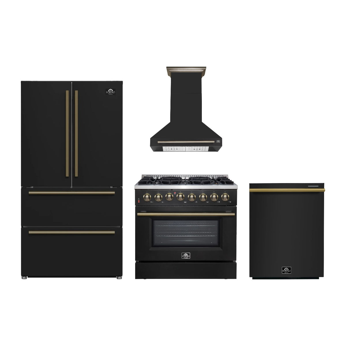 Forno Galiano 36 inch Kitchen Package in Black — Dual Fuel Range, Range Hood, Refrigerator & Dishwasher