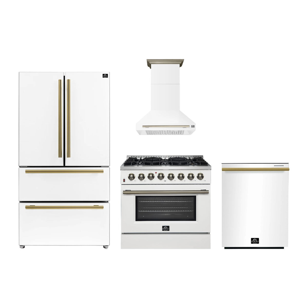Forno Galiano 36 inch Kitchen Package in White — Dual Fuel Range, Range Hood, Refrigerator & Dishwasher