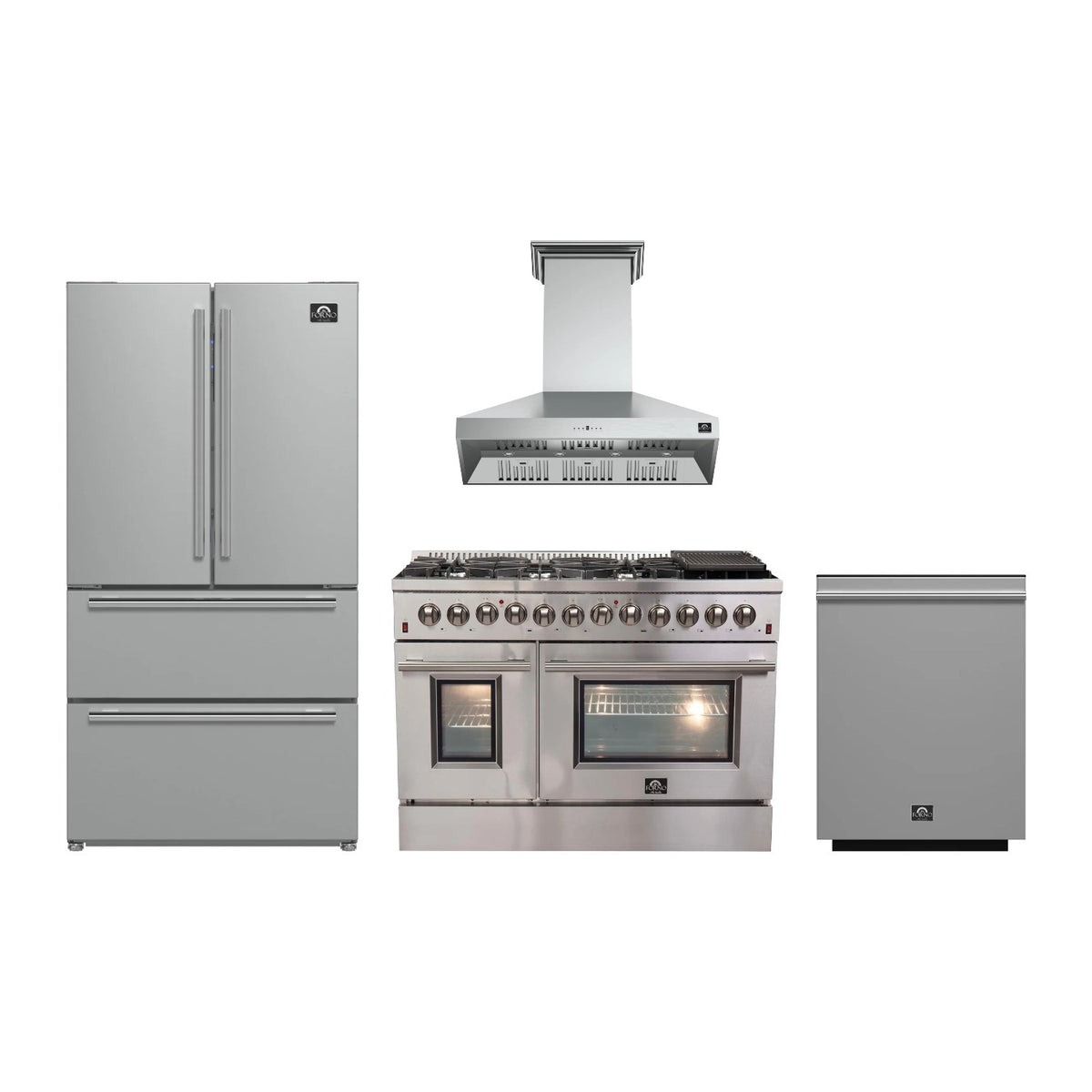 Forno Galiano 48 inch Kitchen Package in Stainless Steel — Dual Fuel Range, Range Hood, Refrigerator & Dishwasher