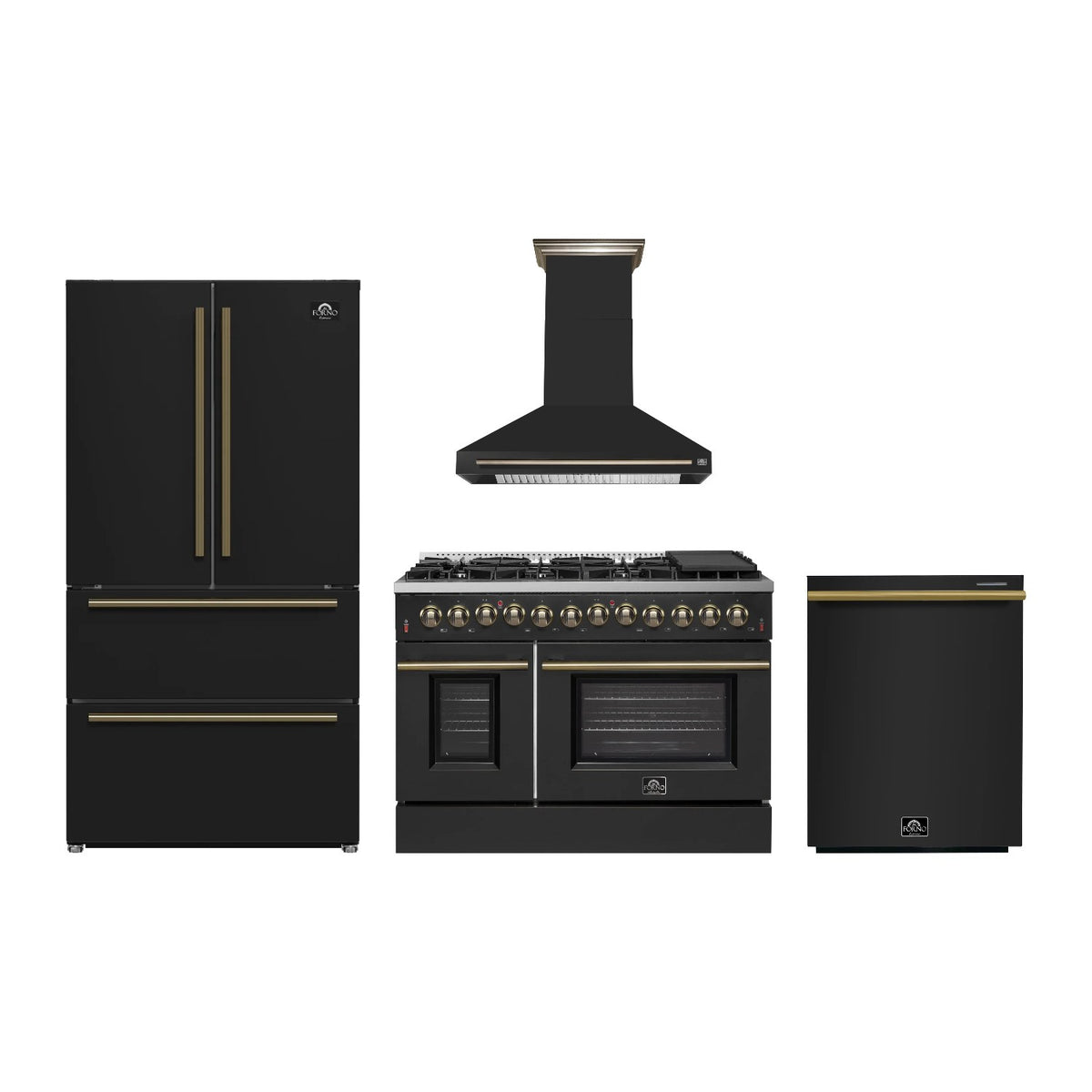 Forno Galiano 48 inch Kitchen Package in Black — Dual Fuel Range, Range Hood, Refrigerator & Dishwasher
