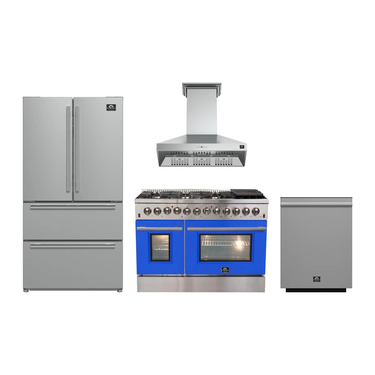 Forno Galiano 48 inch Kitchen Package in Stainless Steel with Blue Door — Dual Fuel Range, Range Hood, Refrigerator & Dishwasher
