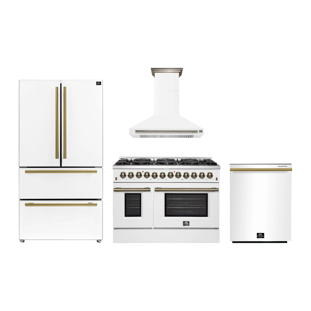 Forno Galiano 48 inch Kitchen Package in White — Dual Fuel Range, Range Hood, Refrigerator & Dishwasher