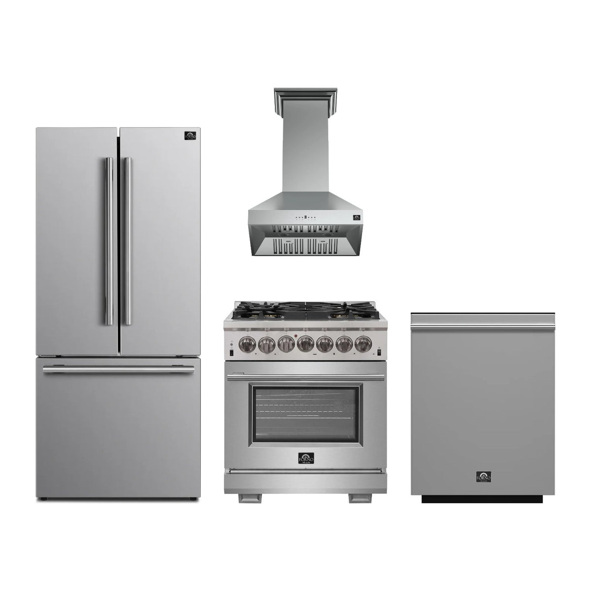 Forno Capriasca 30 inch Kitchen Package in Stainless Steel — Dual Fuel Range, Range Hood, Refrigerator & Dishwasher