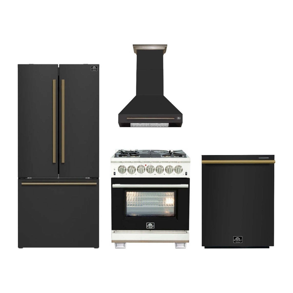 Forno Capriasca 30 inch Kitchen Package in Black — Dual Fuel Range, Range Hood, Refrigerator & Dishwasher