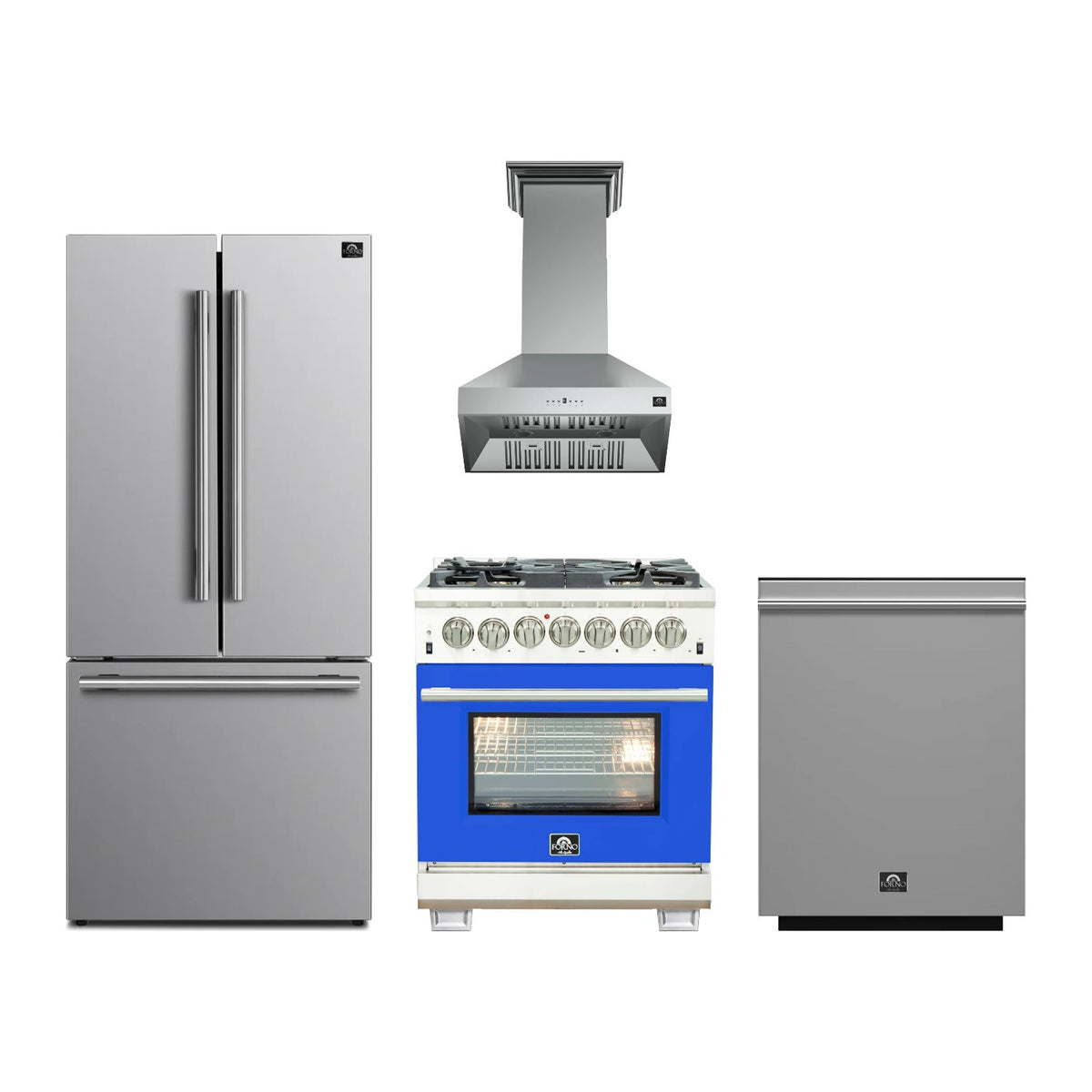 Forno Capriasca 30 inch Kitchen Package in Stainless Steel with Blue Door — Dual Fuel Range, Range Hood, Refrigerator & Dishwasher