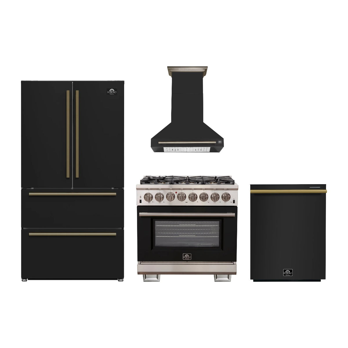 Forno Capriasca 36 inch Kitchen Package in Black — Dual Fuel Range, Range Hood, Refrigerator & Dishwasher