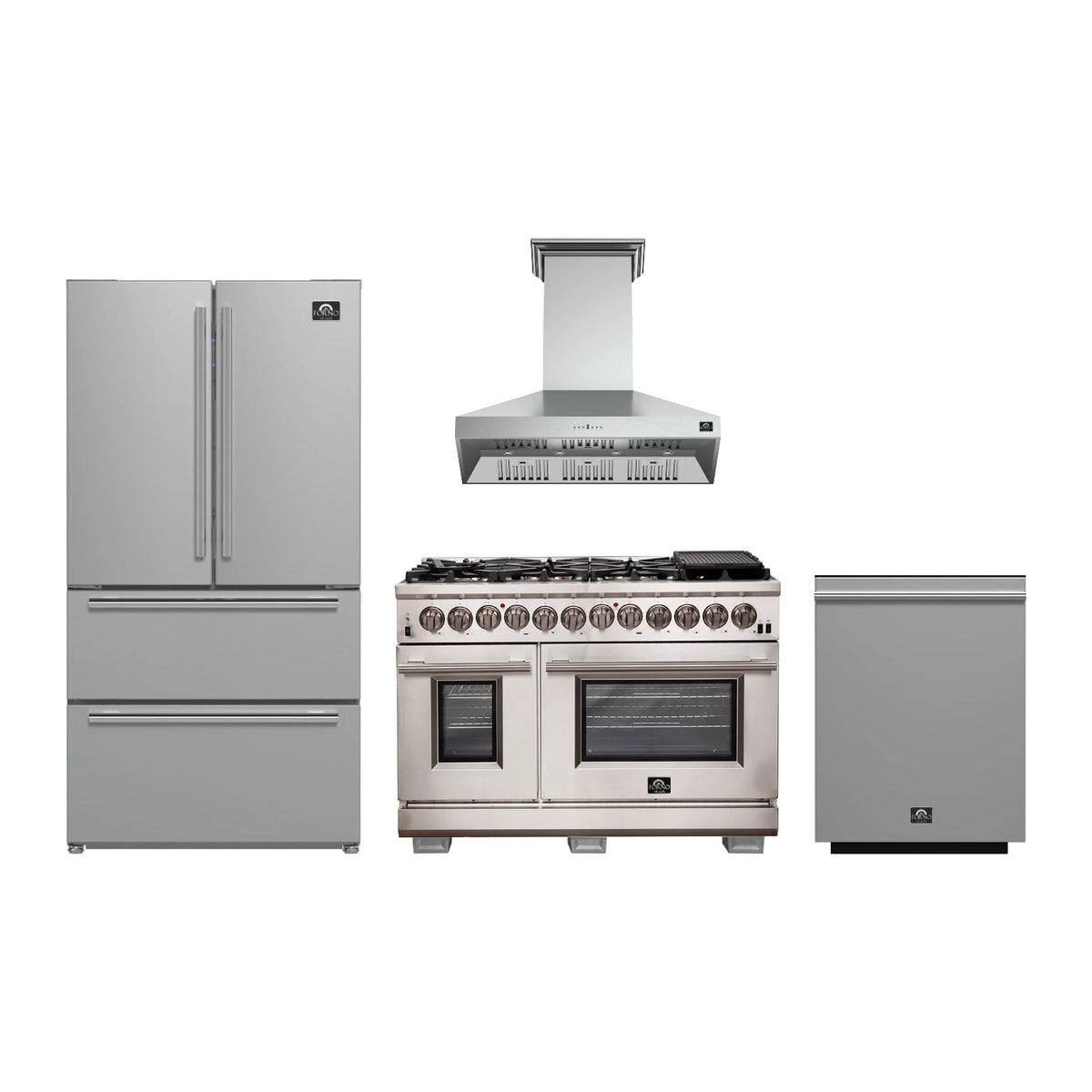 Forno Capriasca 48 inch Kitchen Package in Stainless Steel — Dual Fuel Range, Range Hood, Refrigerator & Dishwasher