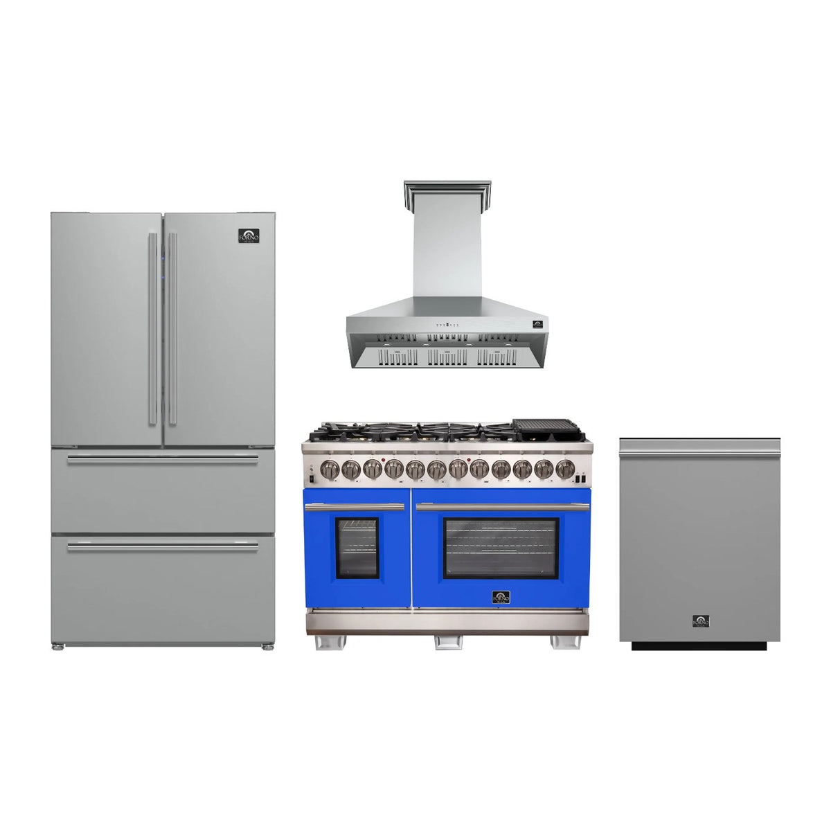 Forno Capriasca 48 inch Kitchen Package in Stainless Steel with Blue Door — Dual Fuel Range, Range Hood, Refrigerator & Dishwasher