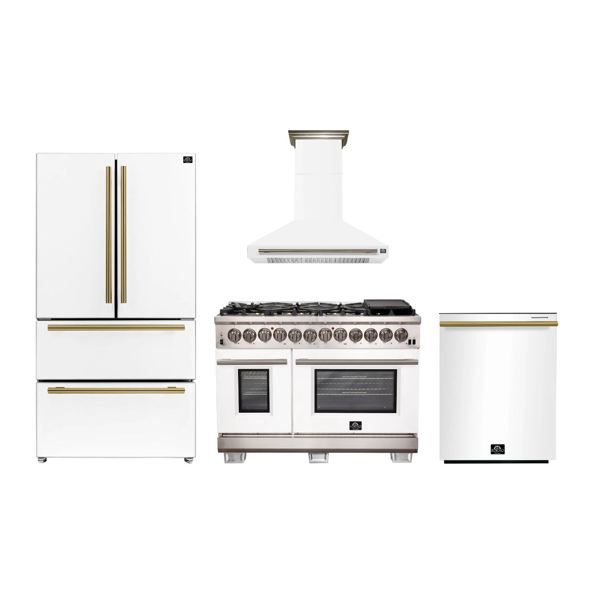 Forno Capriasca 48 inch Kitchen Package in White — Dual Fuel Range, Range Hood, Refrigerator & Dishwasher