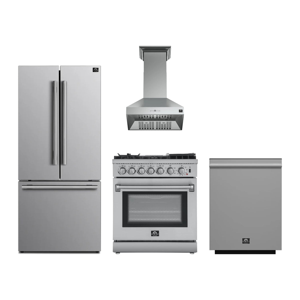 Forno Lazio 30 inch Kitchen Package in Stainless Steel — Dual Fuel Range, Range Hood, Refrigerator & Dishwasher