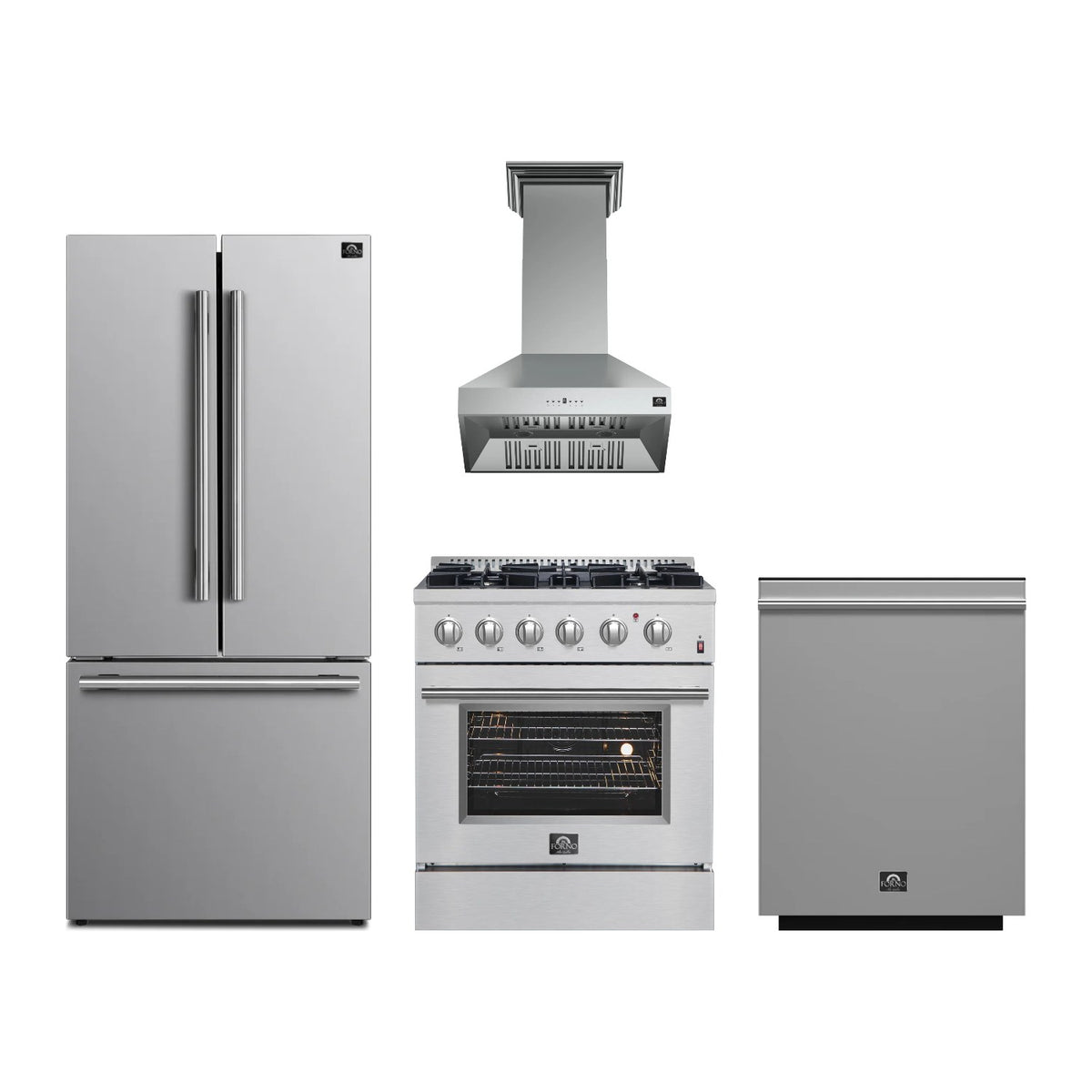 Forno Marco 30 inch Kitchen Package in Stainless Steel — Dual Fuel Range, Range Hood, Refrigerator & Dishwasher