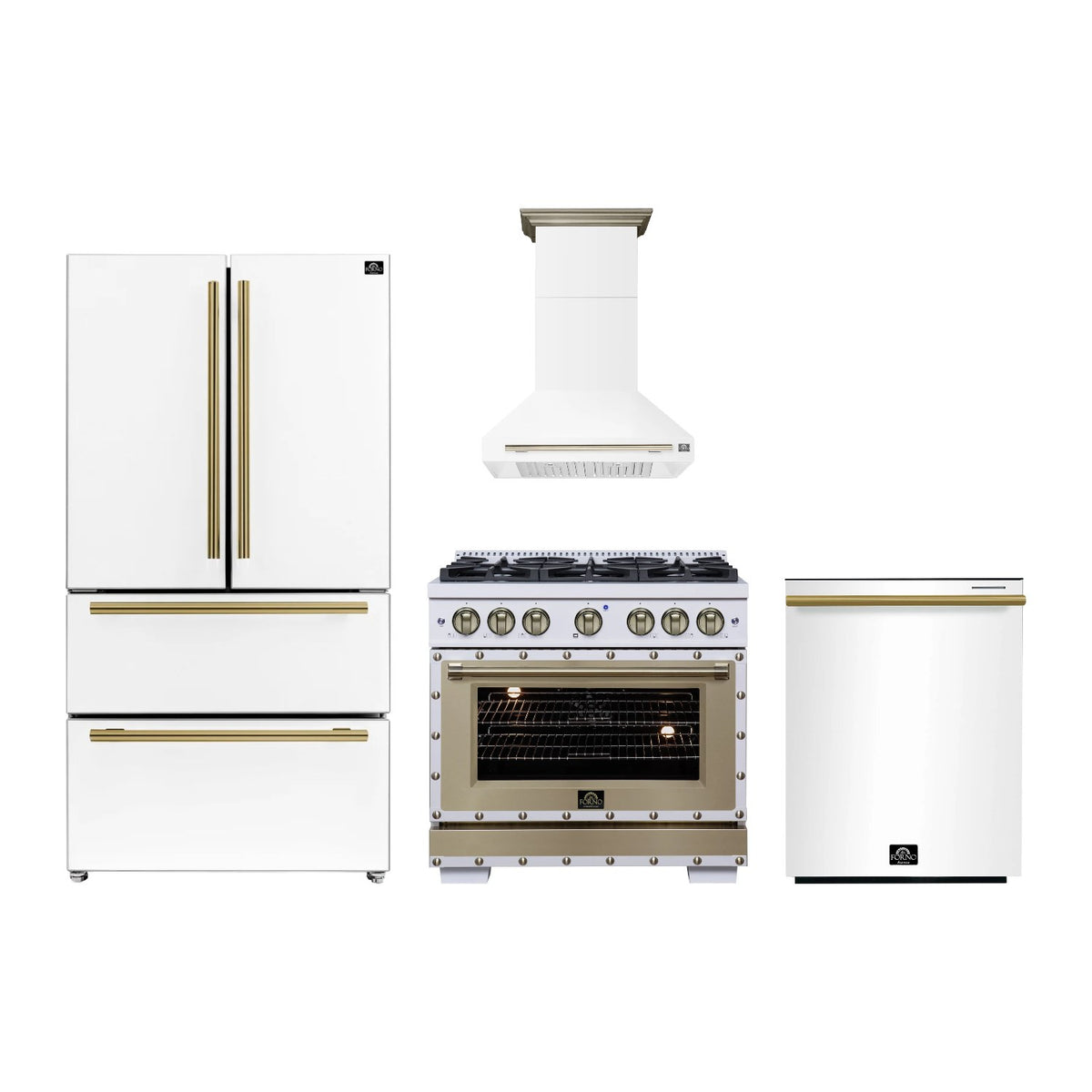 Forno Ambassador 36 inch Kitchen Package in White — Dual Fuel Range, Range Hood, Refrigerator & Dishwasher