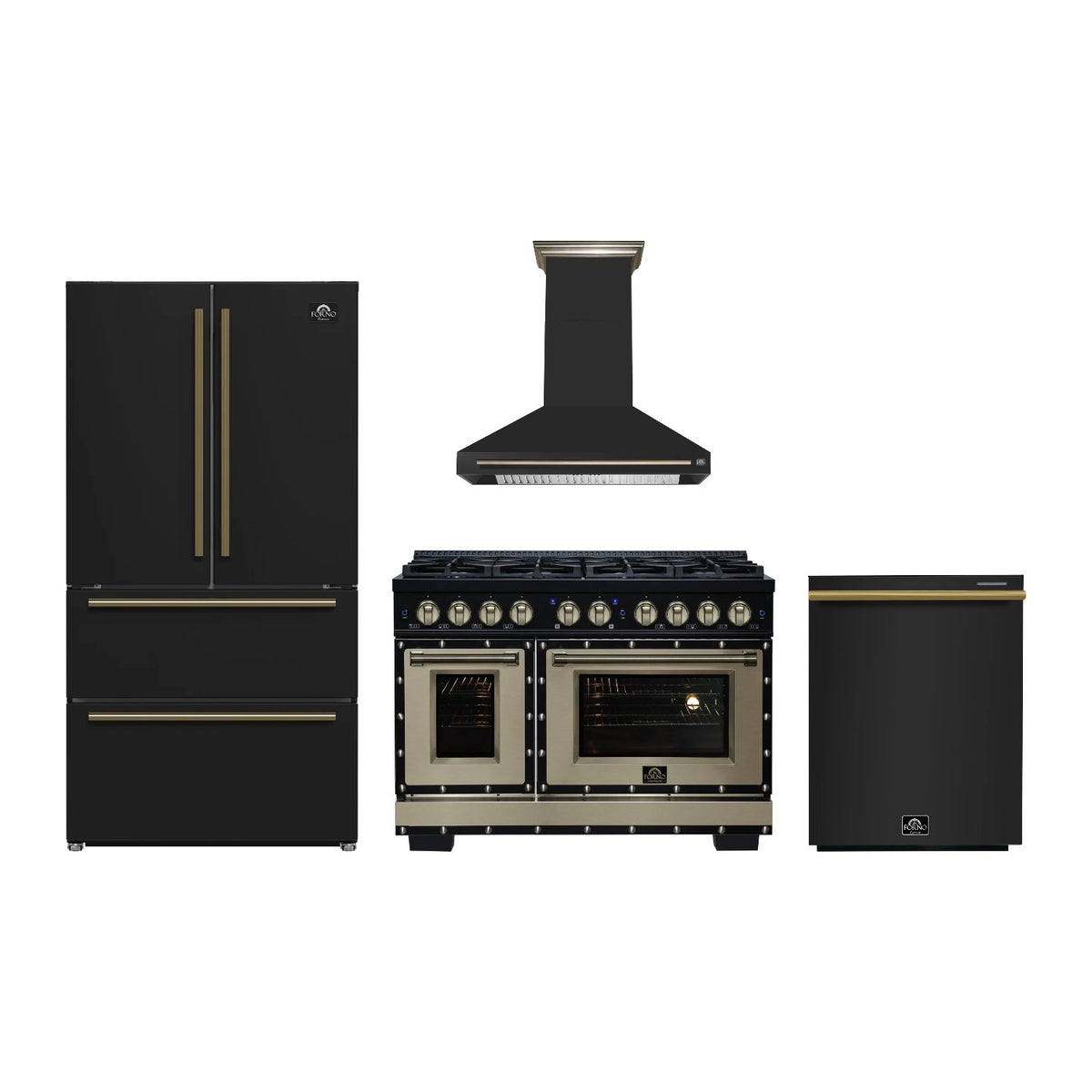 Forno Ambassador 48 inch Kitchen Package in Black — Dual Fuel Range, Range Hood, Refrigerator & Dishwasher