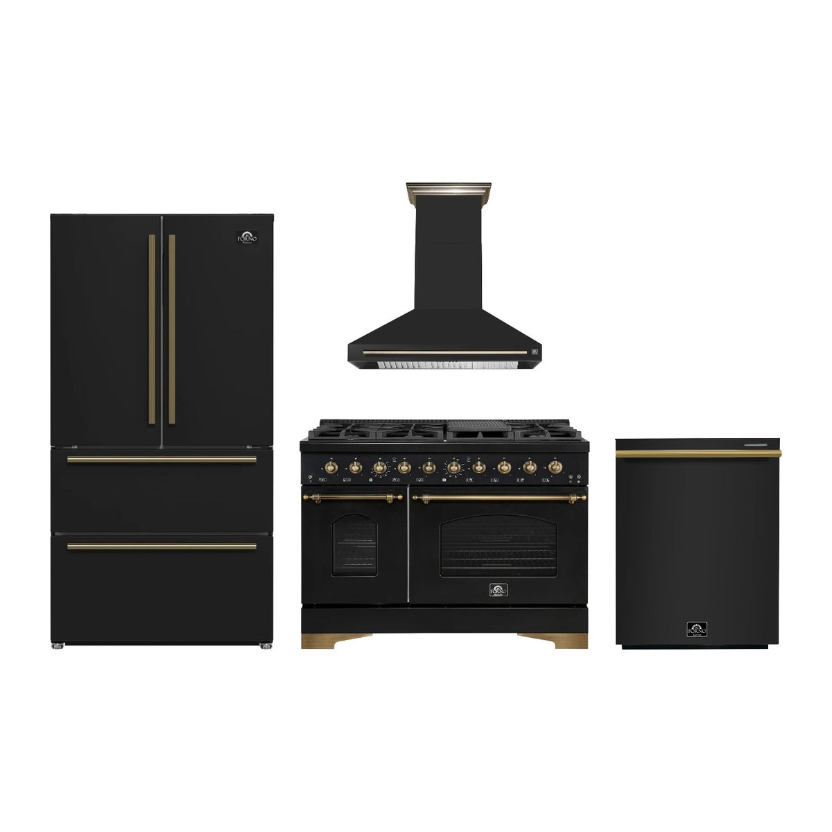 Forno Antico 48 inch Kitchen Package in Black — Gas Range, Range Hood, Refrigerator & Dishwasher