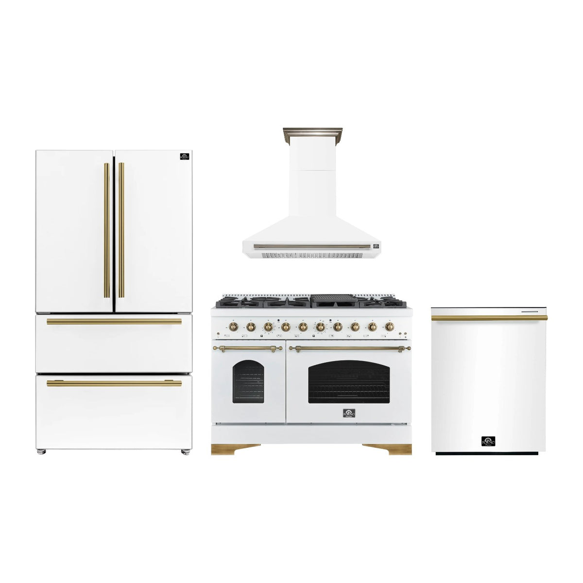 Forno Antico 48 inch Kitchen Package in White — Gas Range, Range Hood, Refrigerator & Dishwasher