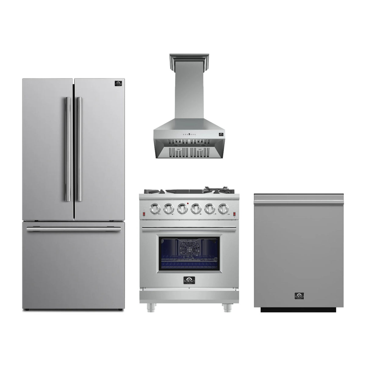 Forno Massimo 30 inch Kitchen Package in Stainless Steel — Gas Range, Range Hood, Refrigerator & Dishwasher