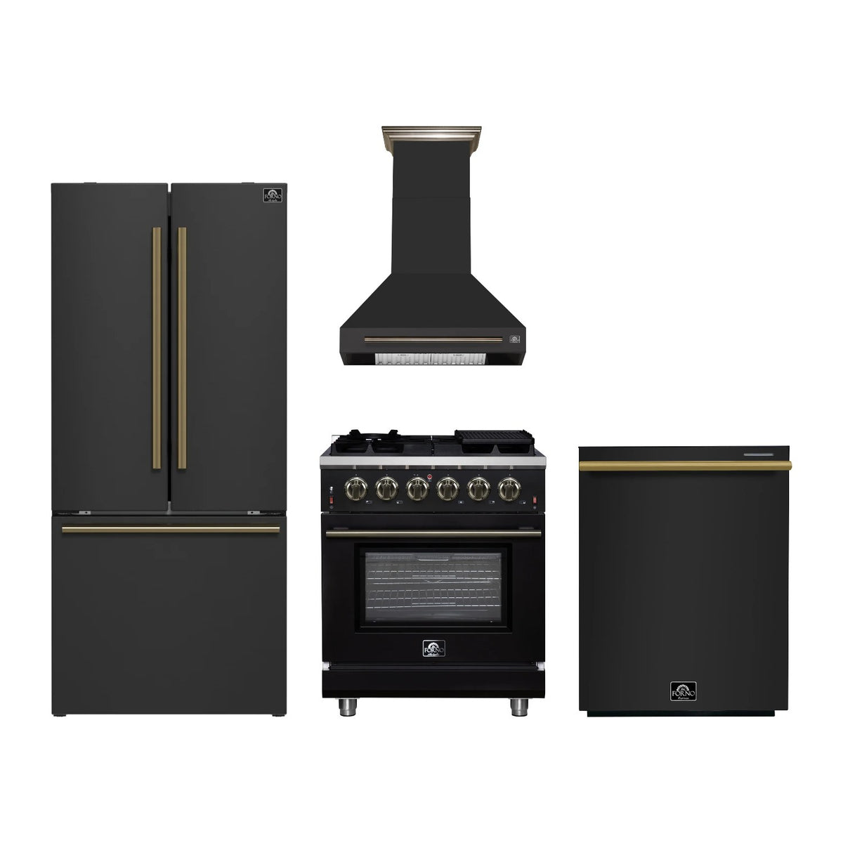 Forno Massimo 30 inch Kitchen Package in Black — Gas Range, Range Hood, Refrigerator & Dishwasher
