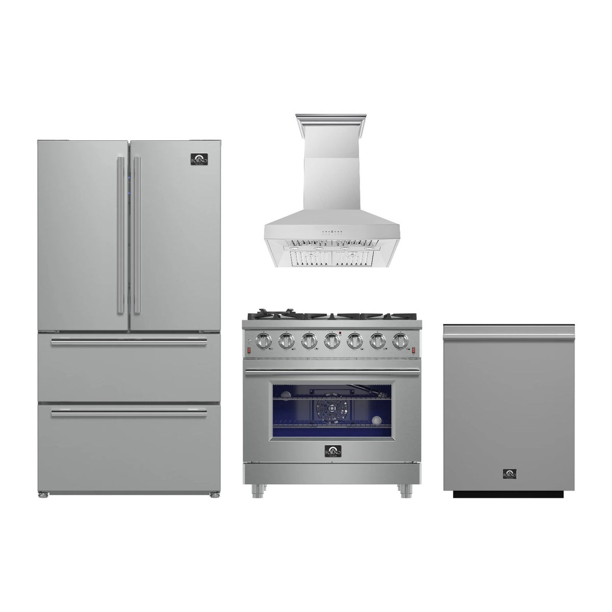 Forno Massimo 36 inch Kitchen Package in Stainless Steel — Gas Range, Range Hood, Refrigerator & Dishwasher