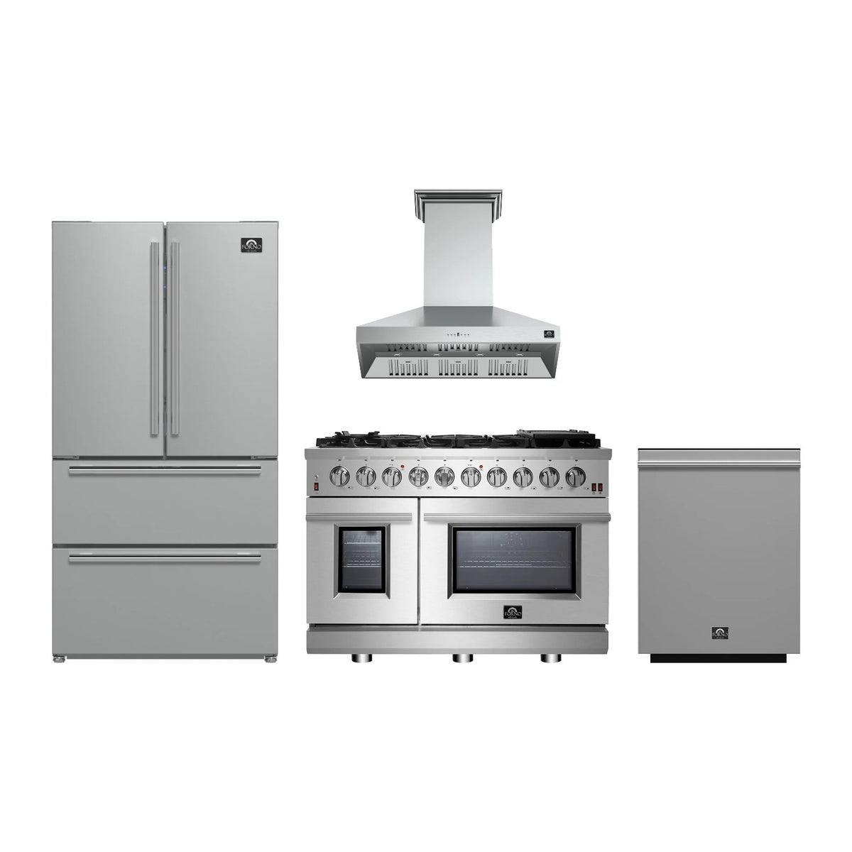 Forno Massimo 48 inch Kitchen Package in Stainless Steel — Gas Range, Range Hood, Refrigerator & Dishwasher