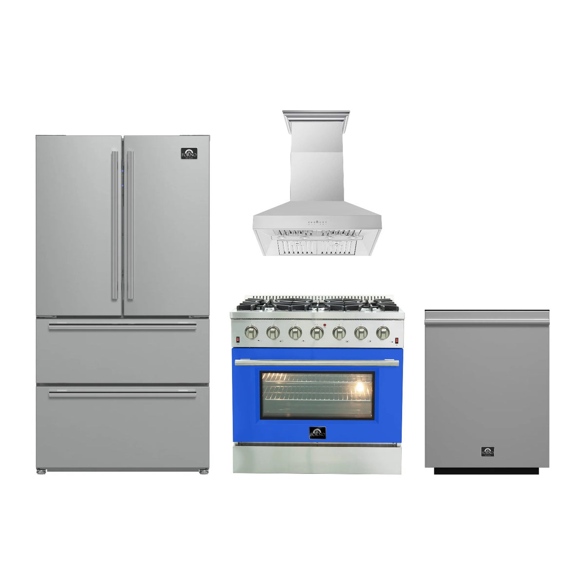 Forno Galiano 36 inch Kitchen Package in Stainless Steel with Blue Door — Gas Range, Range Hood, Refrigerator & Dishwasher