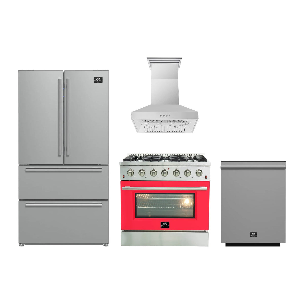 Forno Galiano 36 inch Kitchen Package in Stainless Steel with Red Door — Gas Range, Range Hood, Refrigerator & Dishwasher