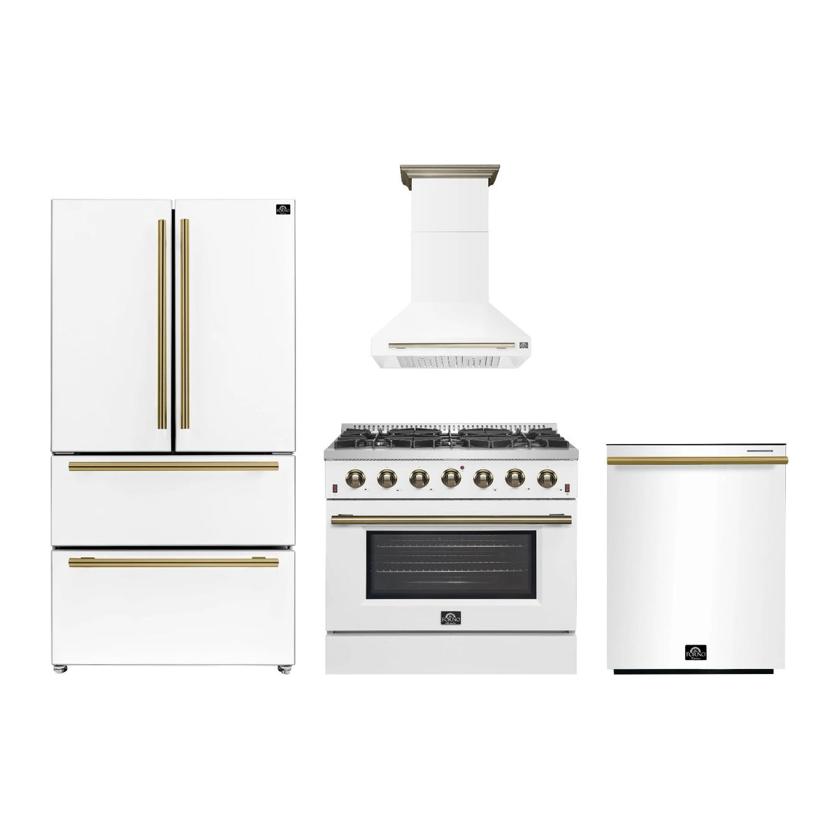 Forno Galiano 36 inch Kitchen Package in White — Gas Range, Range Hood, Refrigerator & Dishwasher