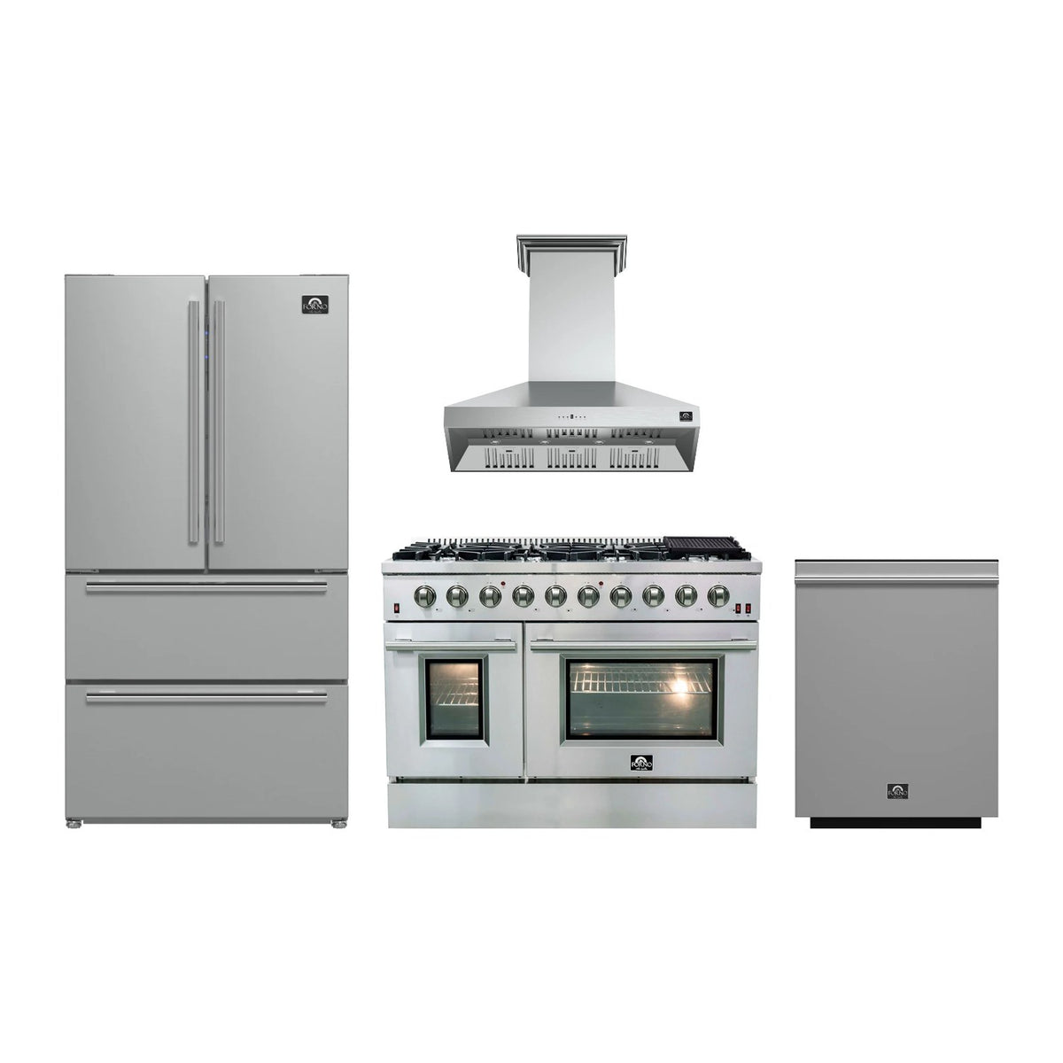 Forno Galiano 48" kitchen package in stainless steel — gas range, range hood, refrigerator and dishwasher