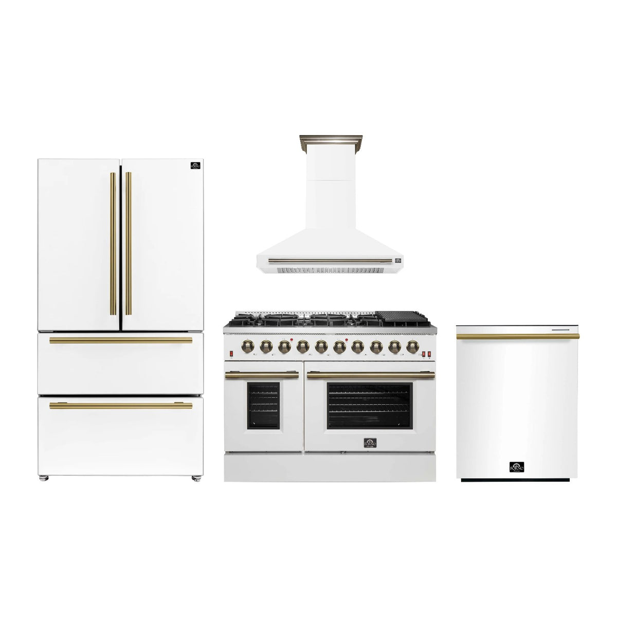 Forno Galiano 48 inch Kitchen Package in White — Gas Range, Range Hood, Refrigerator & Dishwasher