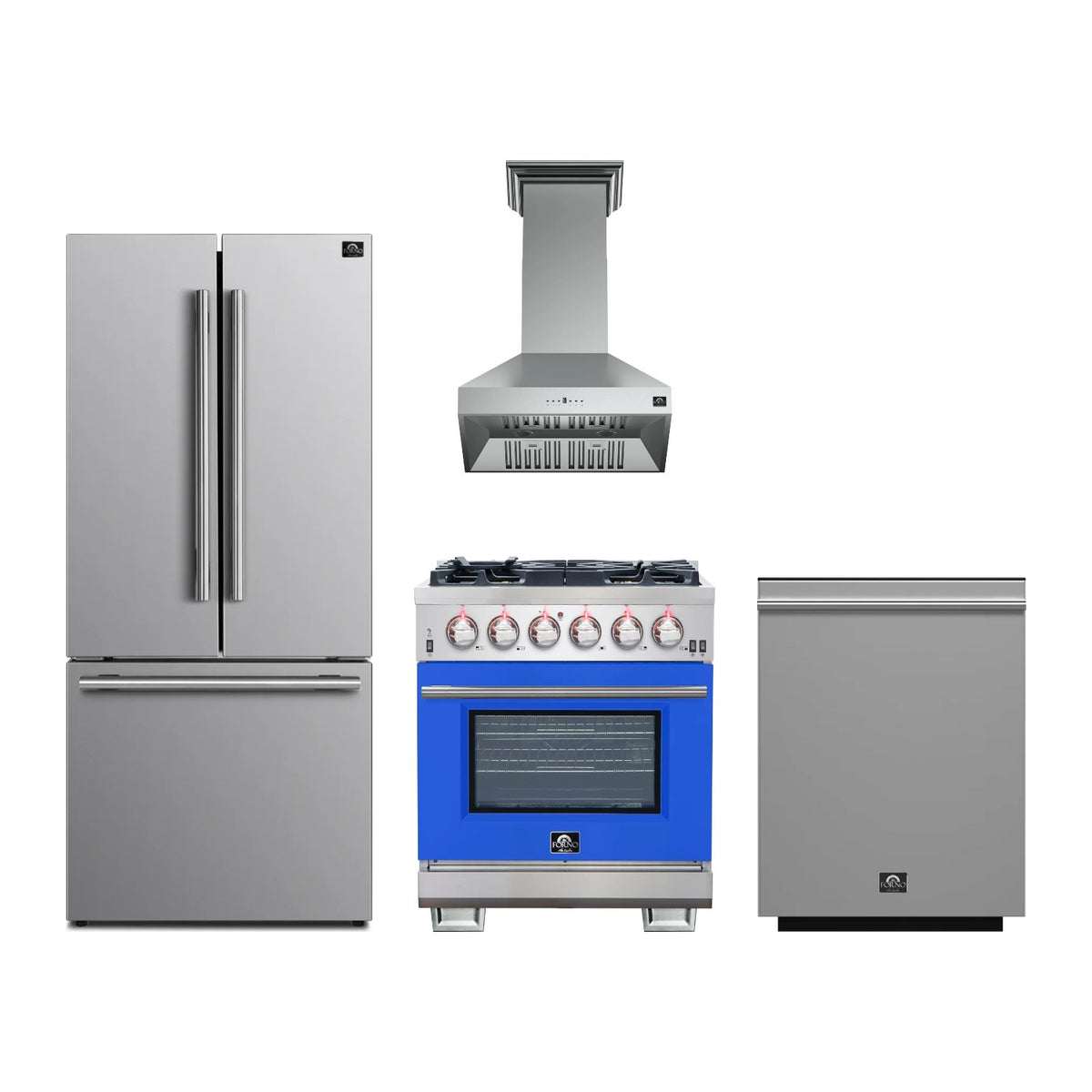 Forno Capriasca 30 inch Kitchen Package in Stainless Steel with Blue Door — Gas Range, Range Hood, Refrigerator & Dishwasher