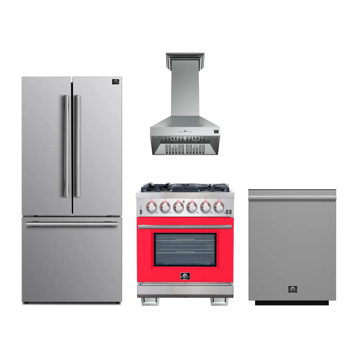 Forno Capriasca 30 inch Kitchen Package in Stainless Steel with Red Door — Gas Range, Range Hood, Refrigerator & Dishwasher