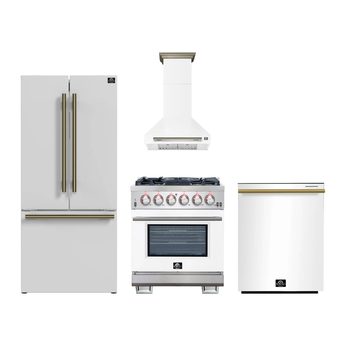 Forno Capriasca 30 inch Kitchen Package in White — Gas Range, Range Hood, Refrigerator & Dishwasher