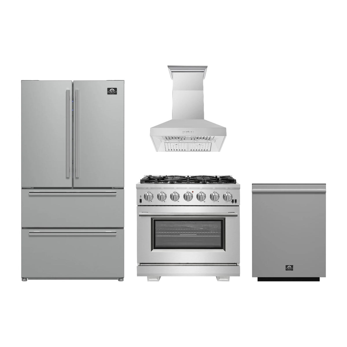 Forno Capriasca 36 inch Kitchen Package in Stainless Steel — Gas Range, Range Hood, Refrigerator & Dishwasher