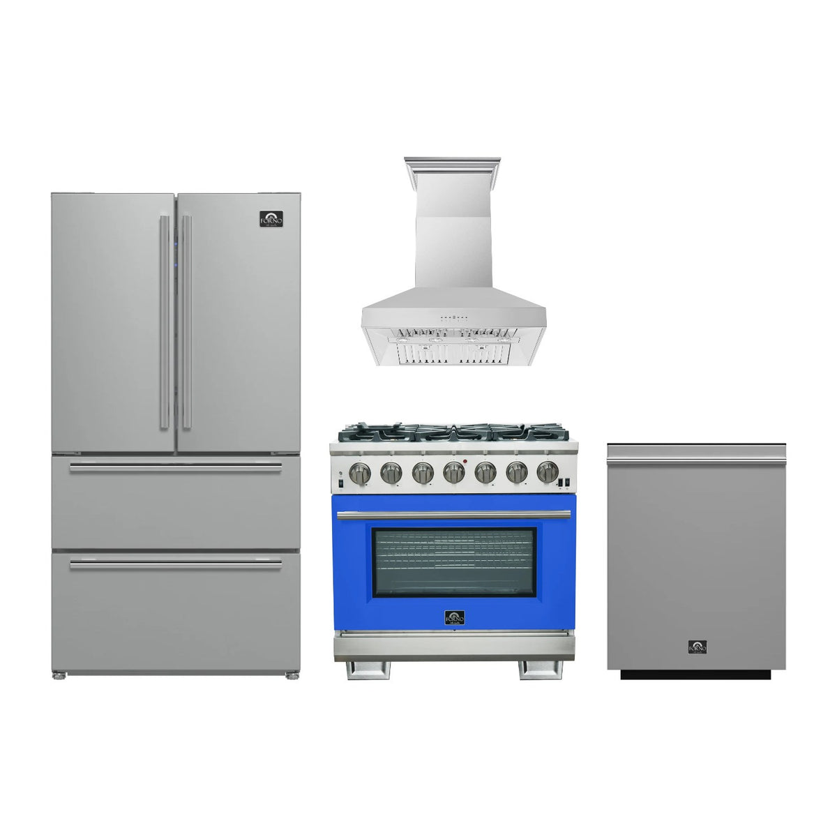 Forno Capriasca 36 inch Kitchen Package in Stainless Steel with Blue Door — Gas Range, Range Hood, Refrigerator & Dishwasher