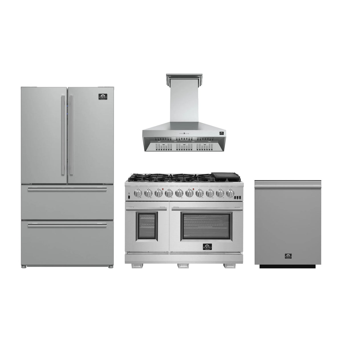 Forno Capriasca 48 inch Kitchen Package in Stainless Steel — Gas Range, Range Hood, Refrigerator & Dishwasher