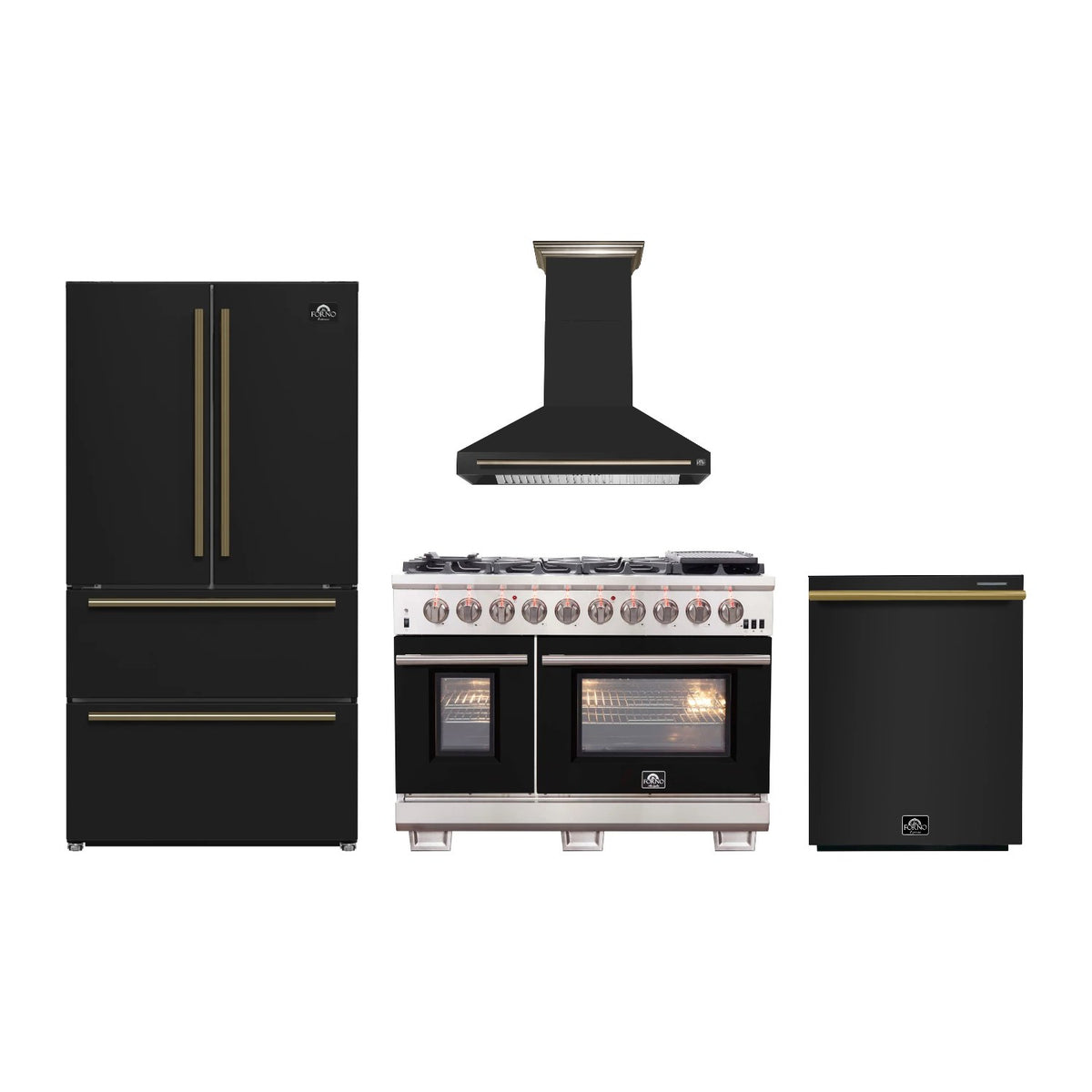 Forno Capriasca 48 inch Kitchen Package in Black — Gas Range, Range Hood, Refrigerator & Dishwasher