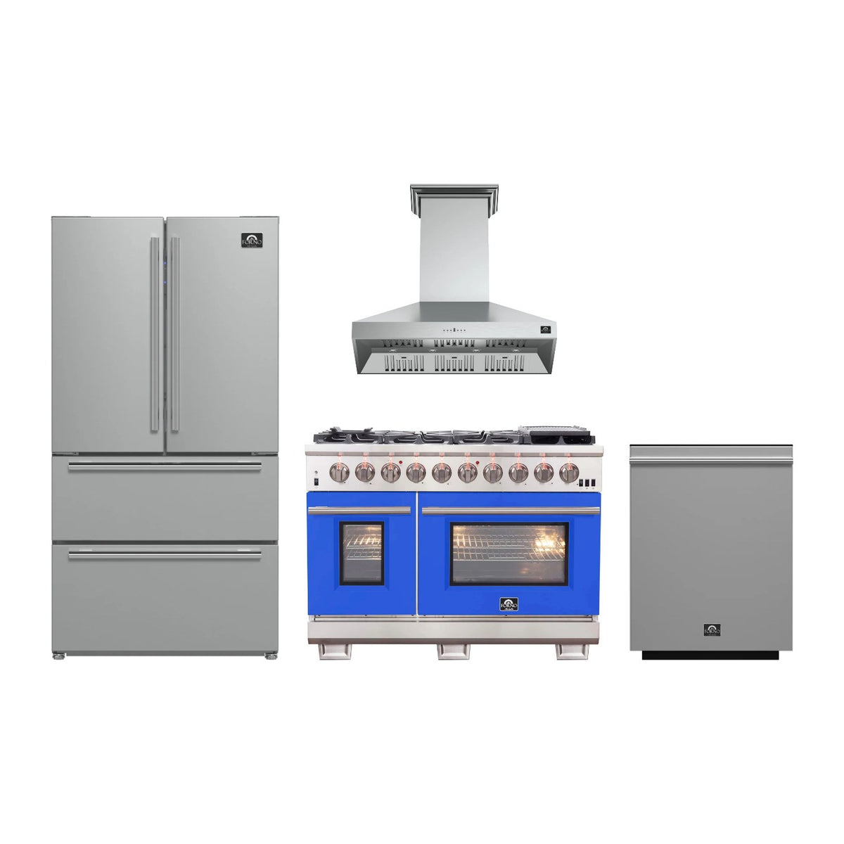 Forno Capriasca 48 inch Kitchen Package in Stainless Steel with Blue Door — Gas Range, Range Hood, Refrigerator & Dishwasher