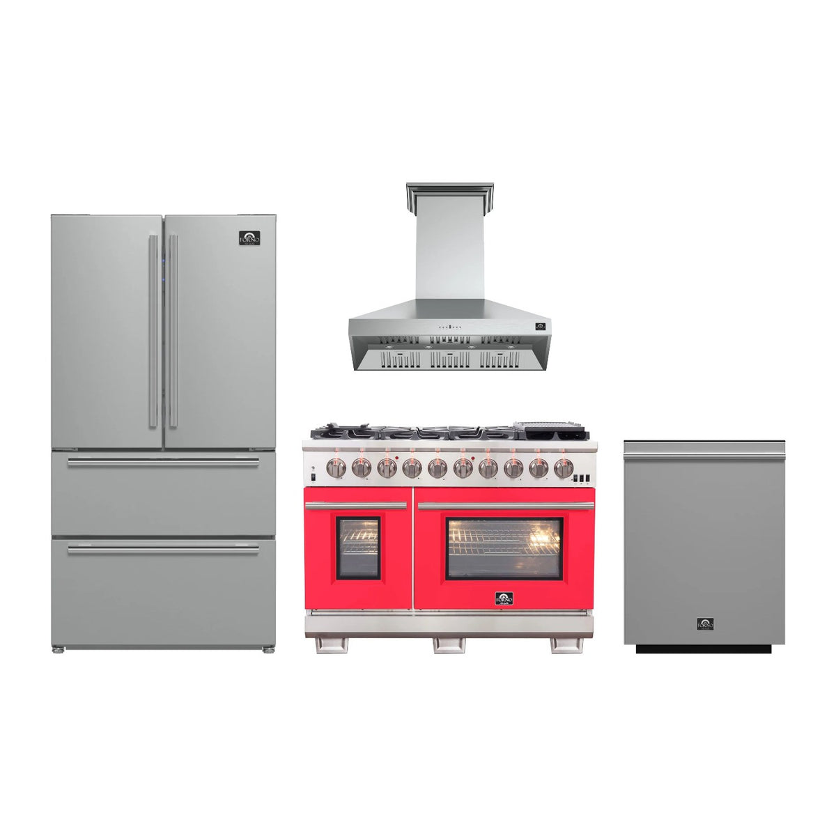 Forno Capriasca 48 inch Kitchen Package in Stainless Steel with Red Door — Gas Range, Range Hood, Refrigerator & Dishwasher