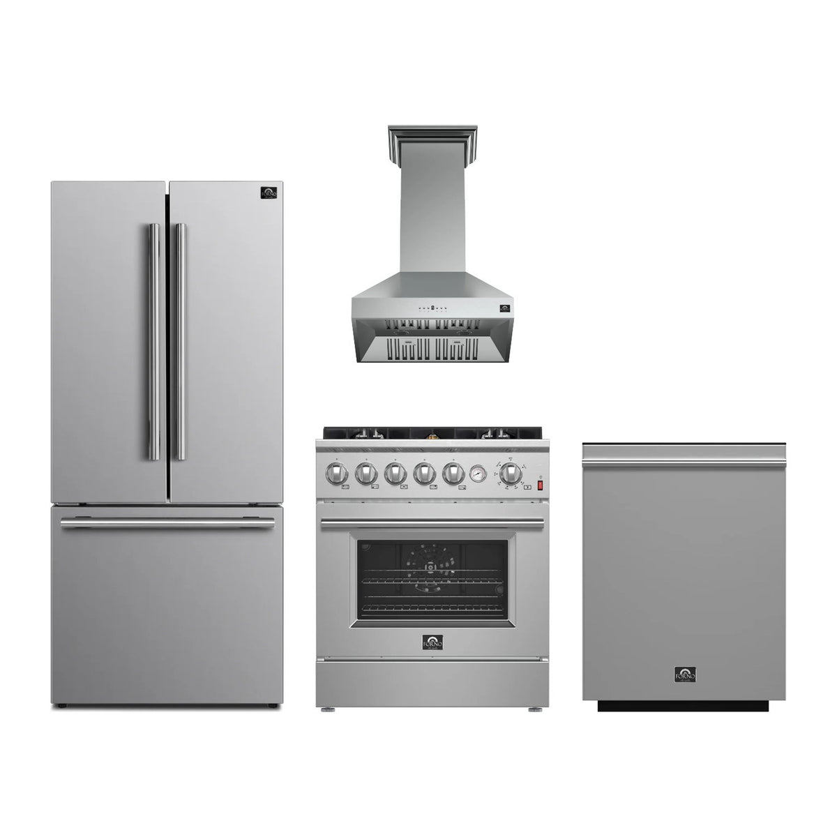 Forno Giovanni 30 inch Kitchen Package in Stainless Steel — Gas Range, Range Hood, Refrigerator & Dishwasher