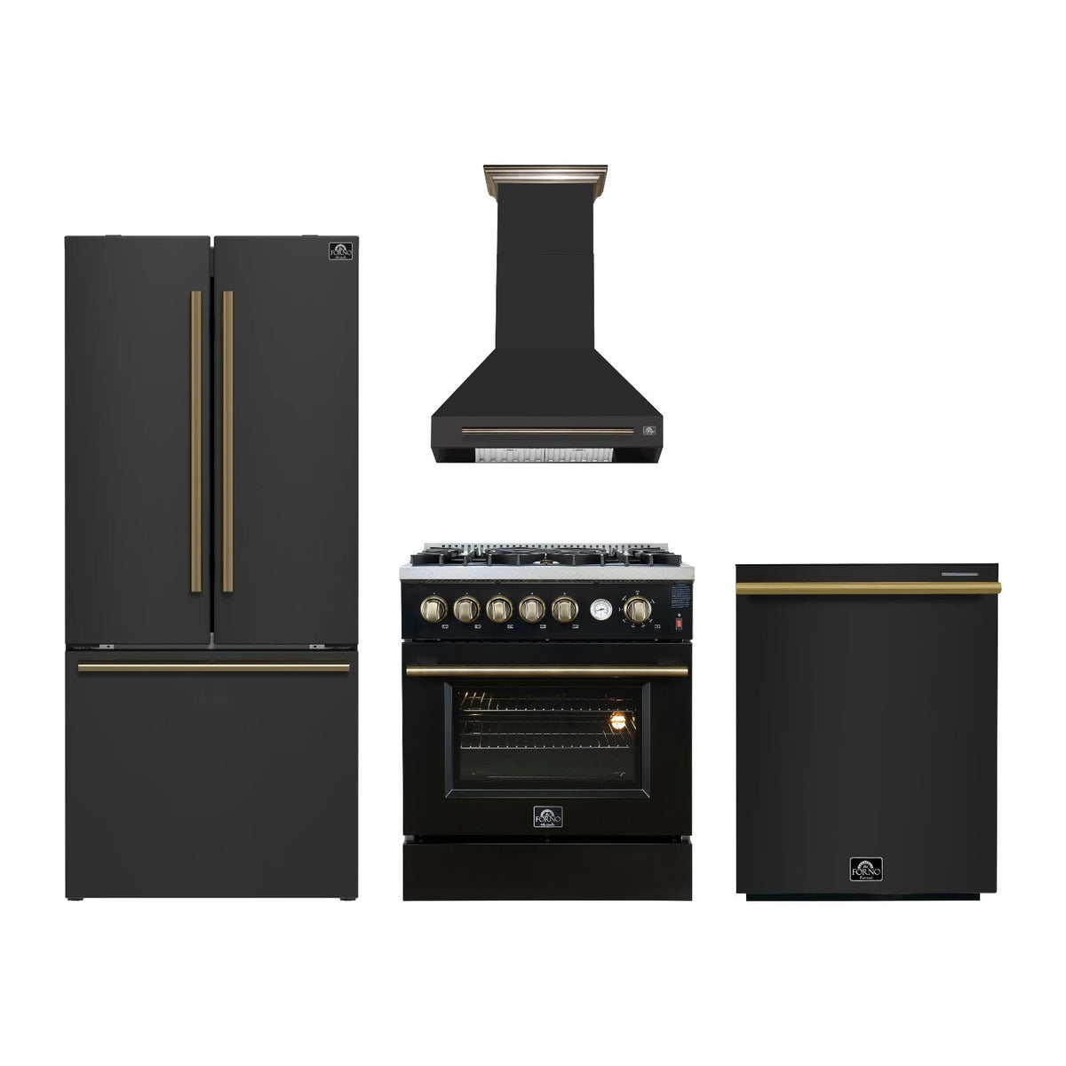 Forno Giovanni 30 inch Kitchen Package in Black — Gas Range, Range Hood, Refrigerator & Dishwasher