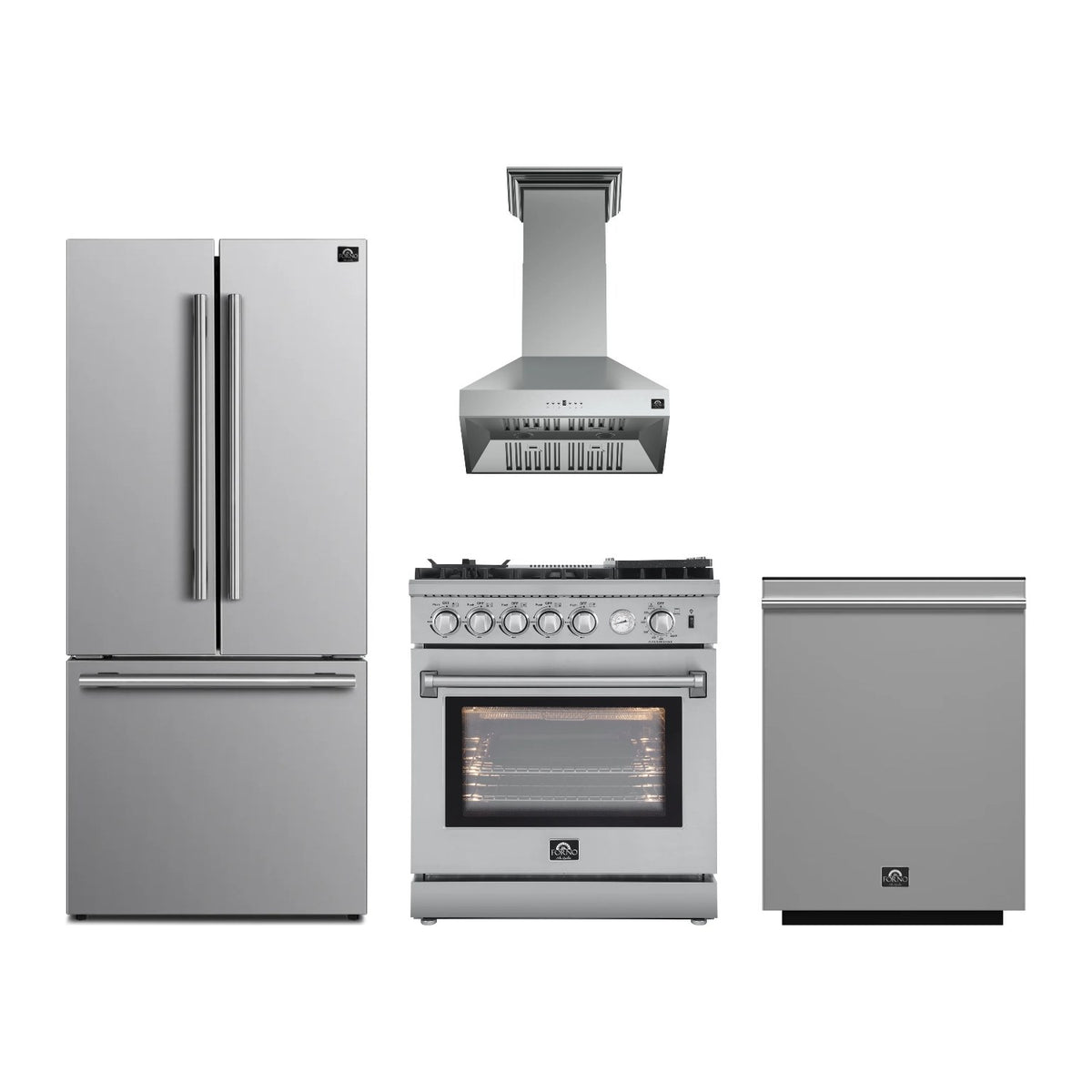 Forno Lazio 30 inch Kitchen Package in Stainless Steel — Gas Range, Range Hood, Refrigerator & Dishwasher