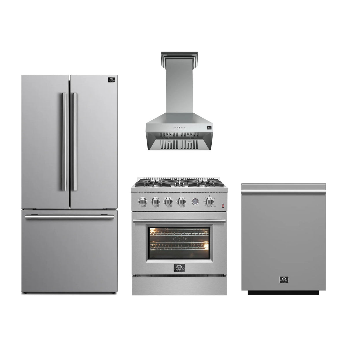 Forno Marco 30 inch Kitchen Package in Stainless Steel — Gas Range, Range Hood, Refrigerator & Dishwasher
