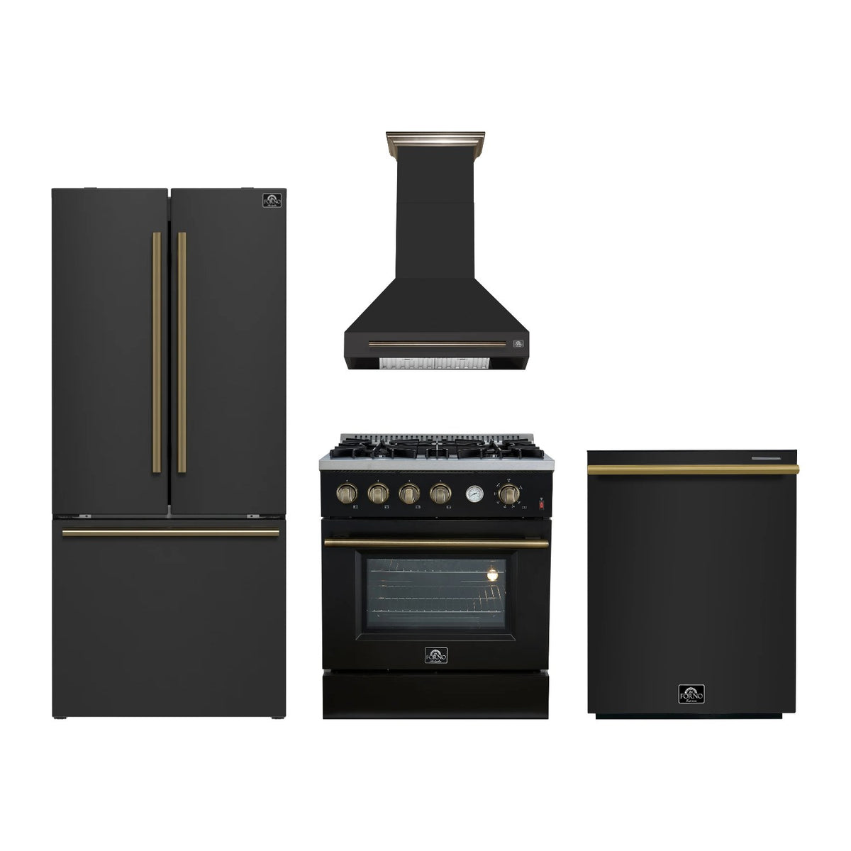 Forno Marco 30 inch Kitchen Package in Black — Gas Range, Range Hood, Refrigerator & Dishwasher