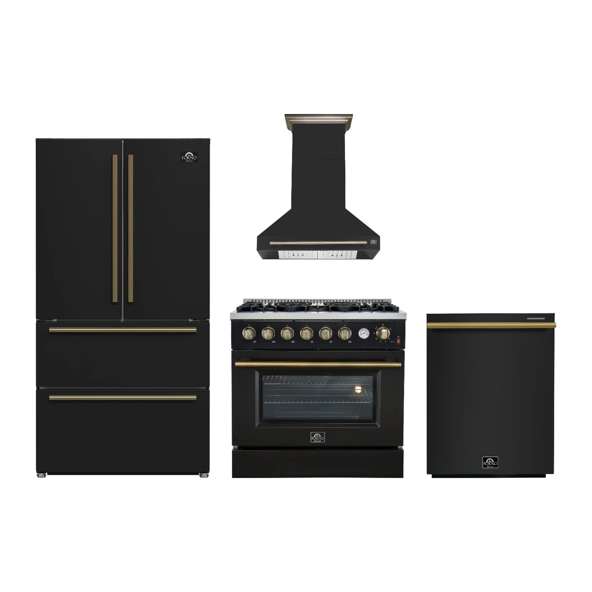 Forno Marco 36 inch Kitchen Package in Black — Gas Range, Range Hood, Refrigerator & Dishwasher