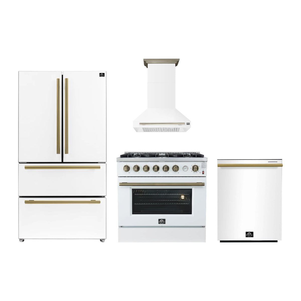 Forno Marco 36 inch Kitchen Package in White — Gas Range, Range Hood, Refrigerator & Dishwasher
