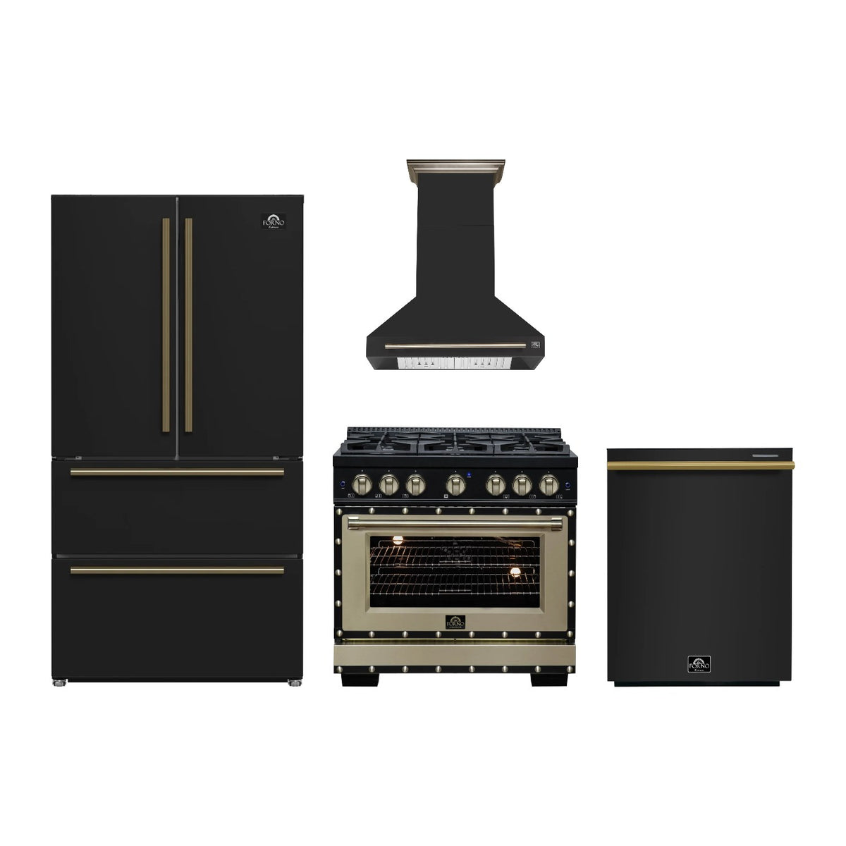 Forno Ambassador 36 inch Kitchen Package in Black — Gas Range, Range Hood, Refrigerator & Dishwasher
