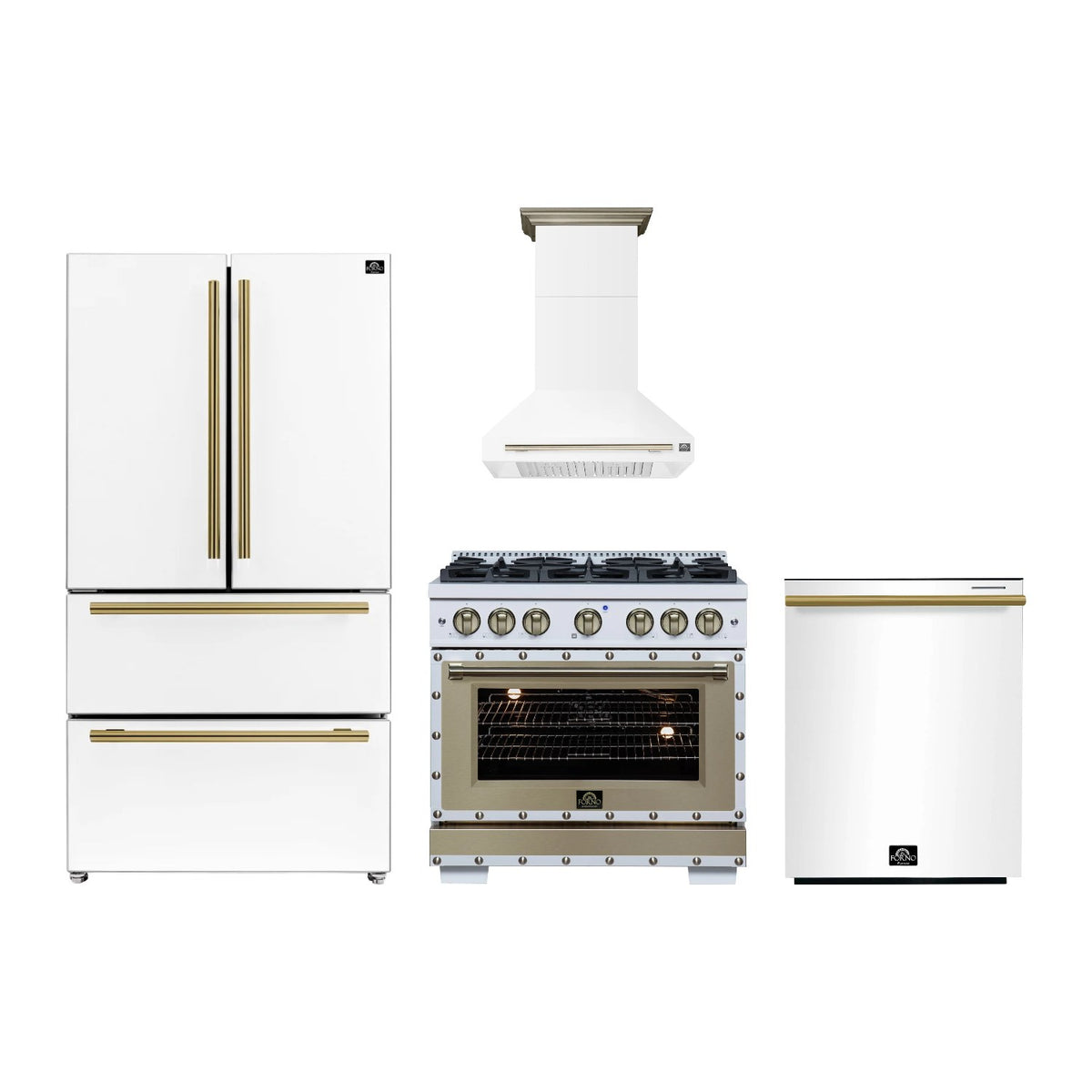 Forno Ambassador 36 inch Kitchen Package in White — Gas Range, Range Hood, Refrigerator & Dishwasher