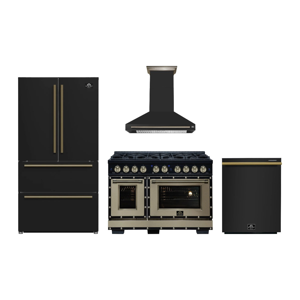 Forno Ambassador 48 inch Kitchen Package in Black — Gas Range, Range Hood, Refrigerator & Dishwasher