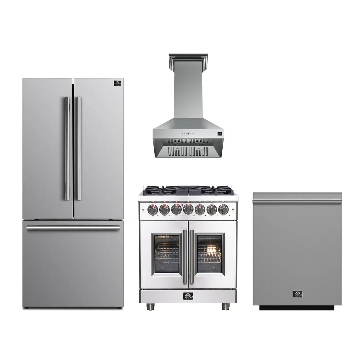 Forno Massimo 30 inch Kitchen Package in Stainless Steel — French Door Dual Fuel Range, Range Hood, Refrigerator & Dishwasher