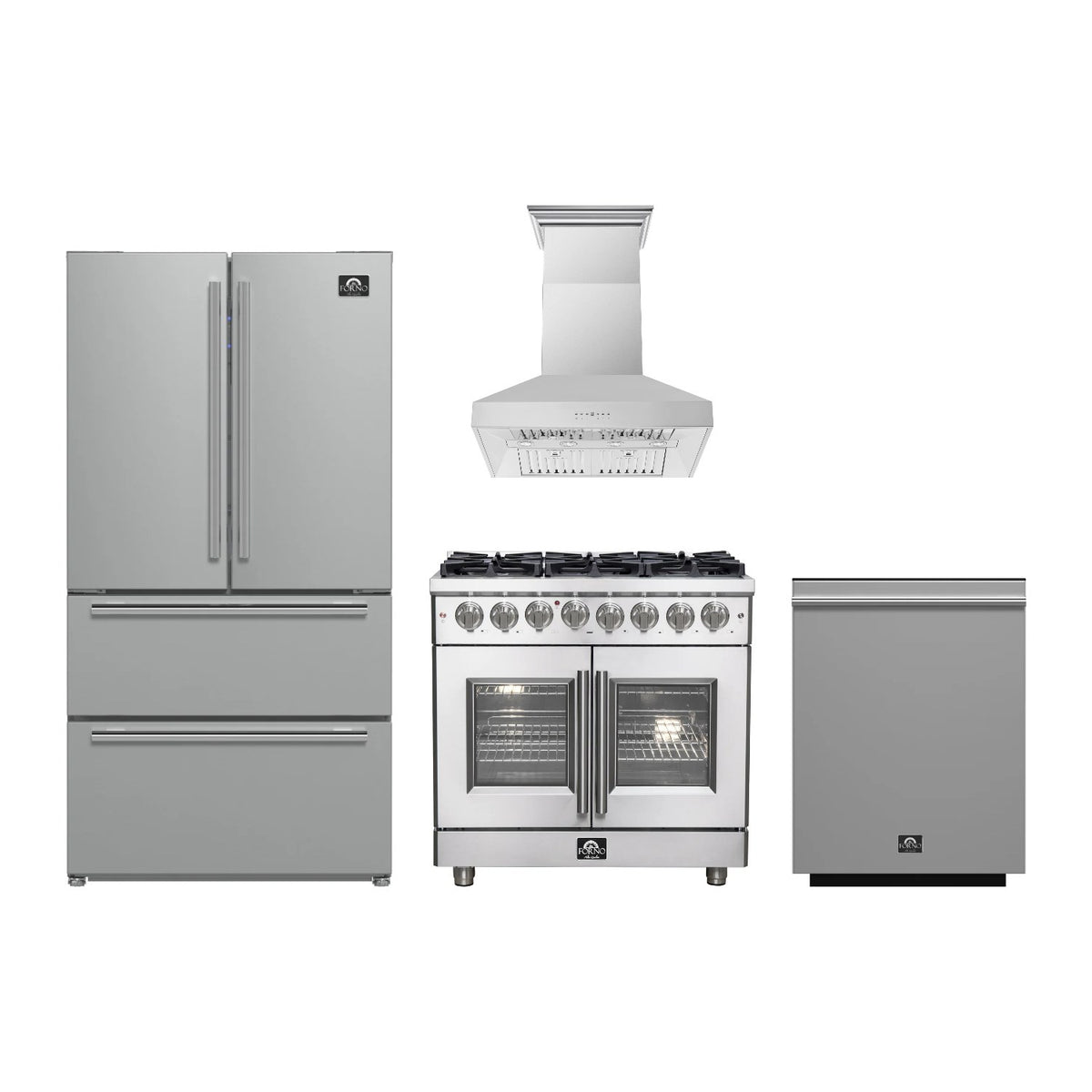 Forno Massimo 36 inch Kitchen Package in Stainless Steel — French Door Dual Fuel Range, Range Hood, Refrigerator & Dishwasher