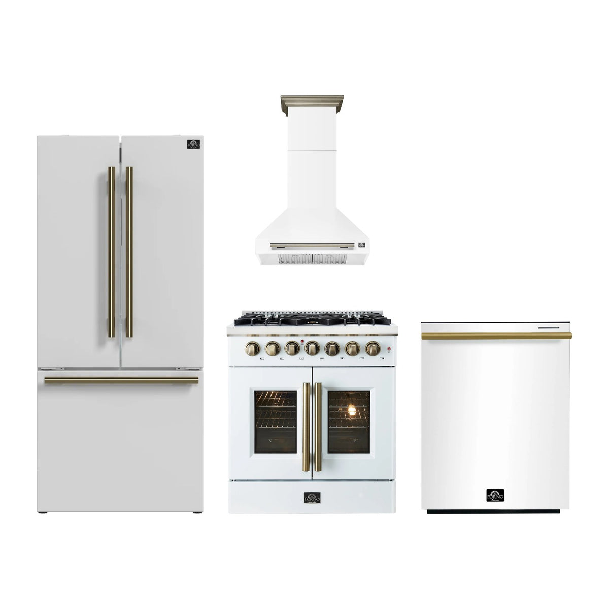 Forno Galiano 30 inch Kitchen Package in White — French Door Dual Fuel Range, Range Hood, Refrigerator & Dishwasher
